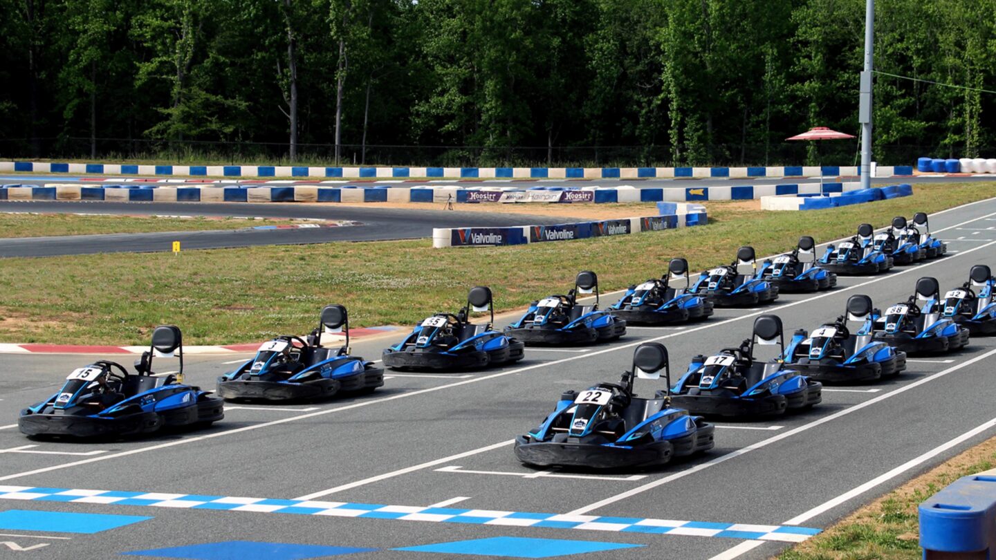 A number of Karts parked and ready to race.